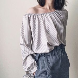 Ivory satin stripe off-shoulder top   